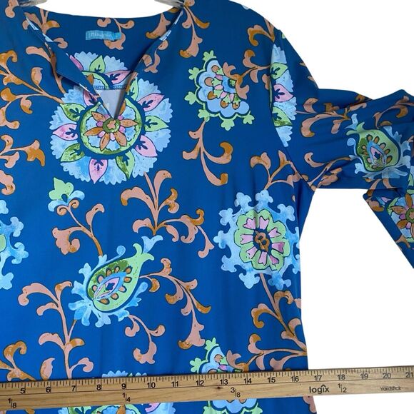 J. McLaughlin Shift Dress L Blue Floral Knee Length 3/4 Sleeve Career Party - Picture 4 of 7